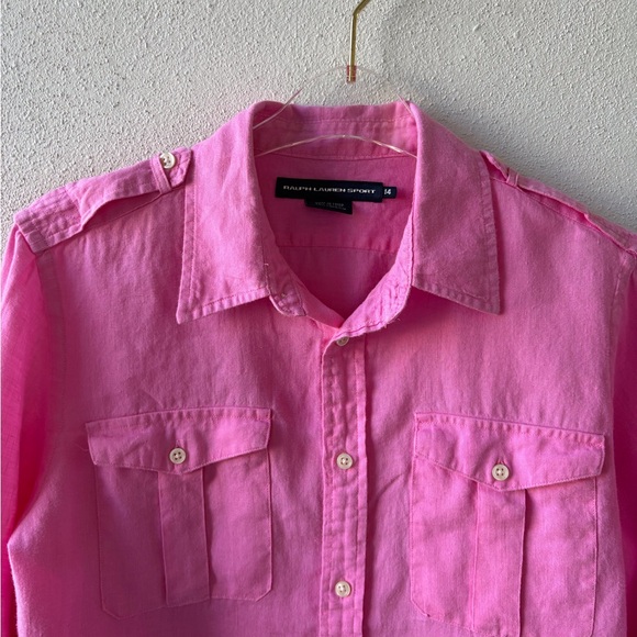 Ralph Lauren Sport Size 14 Pink Linen Button Up Roll Tab Sleeves Pockets Casual - Picture 4 of 13